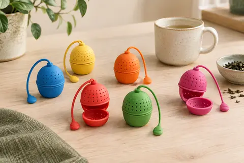 Six infuseurs à thé réutilisables en silicone, de couleurs variées, posés sur un plan de travail clair.