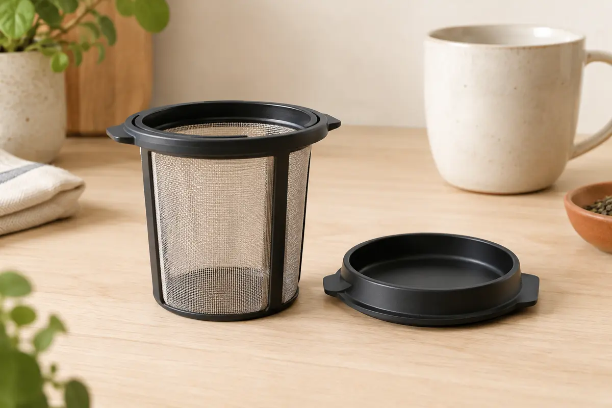 Panier filtre à infusion en inox avec cadre noir et couvercle servant de support d’égouttage