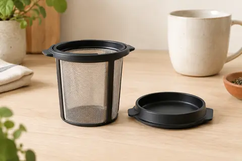 Panier filtre à infusion en inox avec cadre noir et couvercle servant de support d’égouttage
