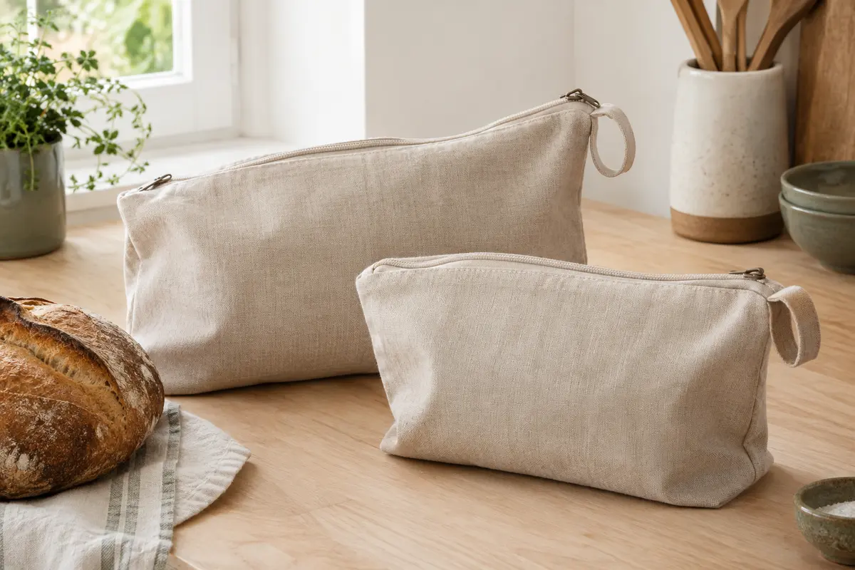 Deux sacs à pain beige en coton, lin et cire d’abeille posés sur un plan de travail clair