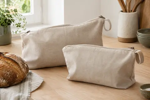 Deux sacs à pain beige en coton, lin et cire d’abeille posés sur un plan de travail clair