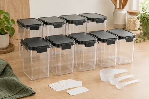 Lot de boîtes rectangulaires GoMaihe à couvercles noirs, avec étiquettes et cuillères doseuses.