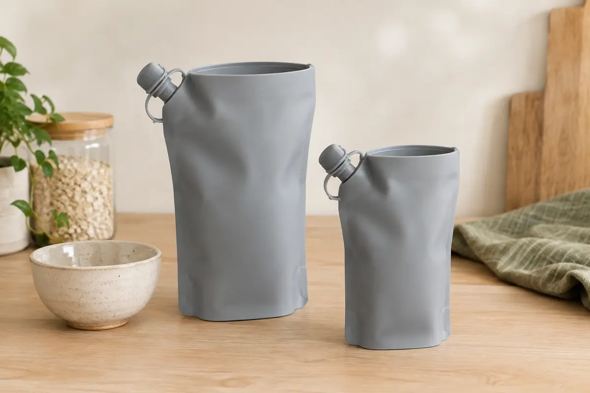Deux pochettes alimentaires grises en silicone avec bec à valve, posées sur un plan de travail en bois clair.