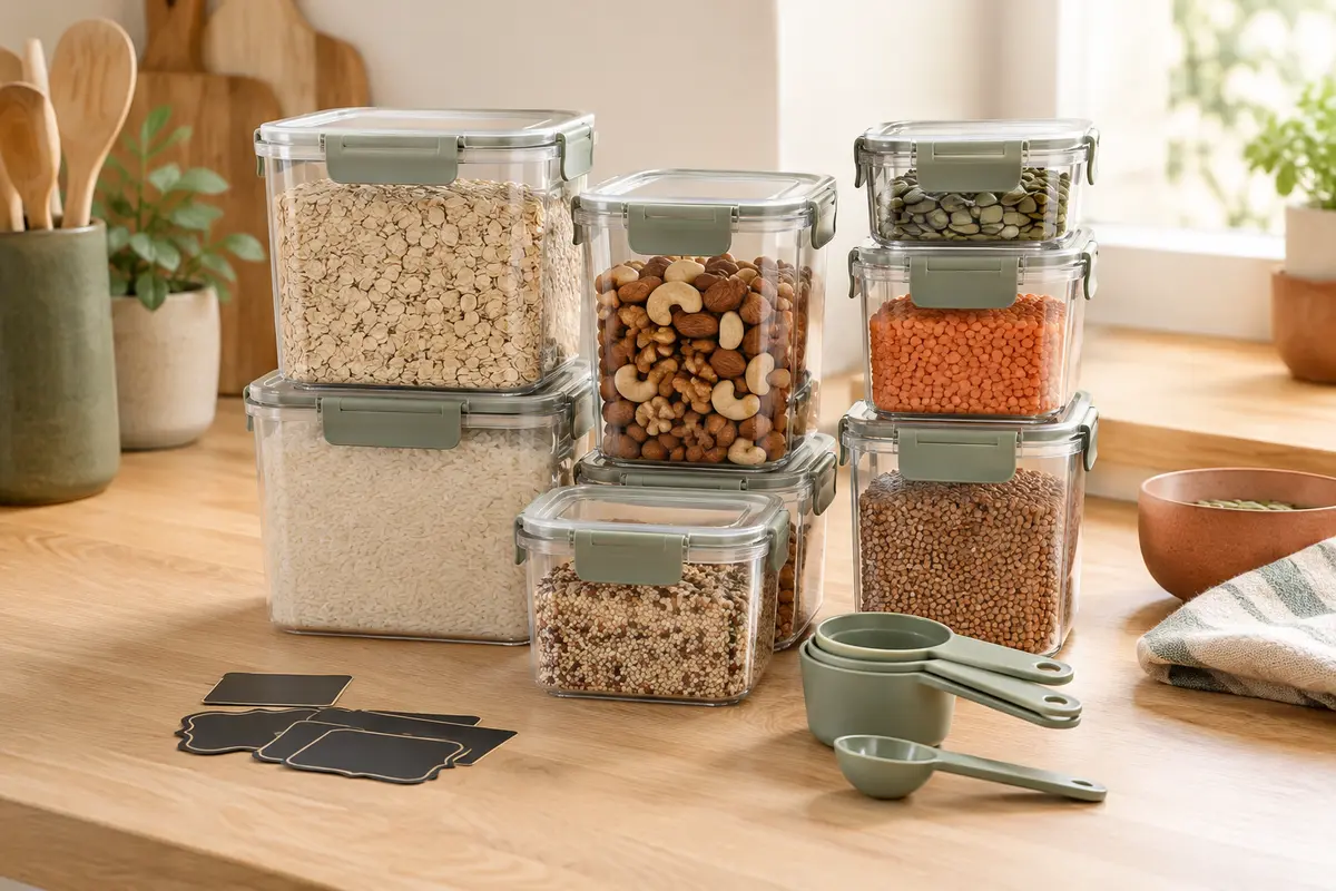 Boîtes alimentaires transparentes empilables avec étiquettes et accessoires de dosage dans une cuisine lumineuse.