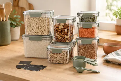 Boîtes alimentaires transparentes empilables avec étiquettes et accessoires de dosage dans une cuisine lumineuse.