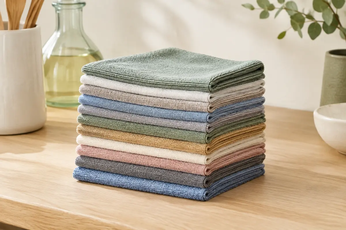 Lot de lavettes carrées en microfibre posé sur un plan de travail en bois clair dans une cuisine lumineuse