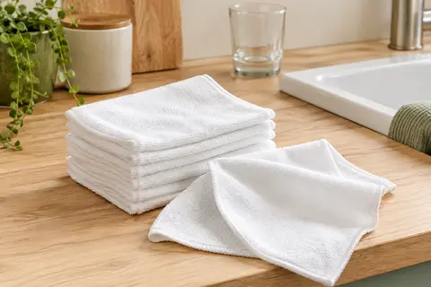Lot de chiffons blancs en microfibre pliés sur un plan de travail en bois clair