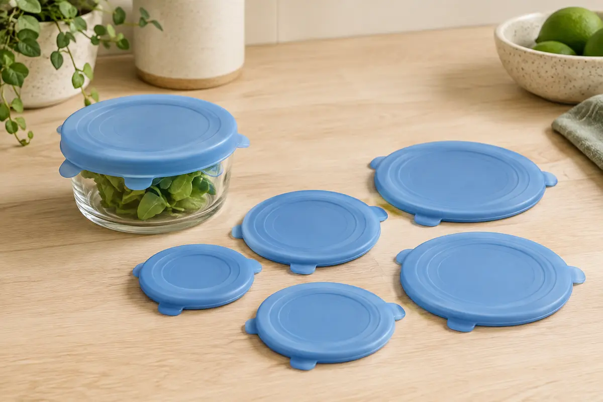 Six petits couvercles extensibles bleus en silicone, dont un posé sur un récipient en verre.