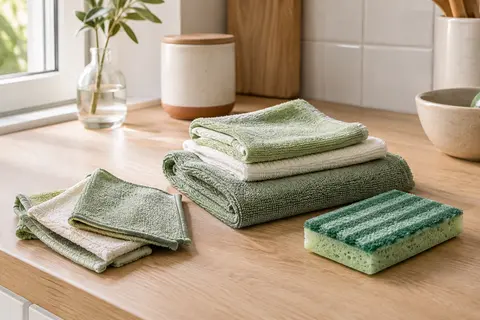 Kit vert à rayures de chiffons, lavettes et éponges en microfibre posé sur un plan de travail clair.