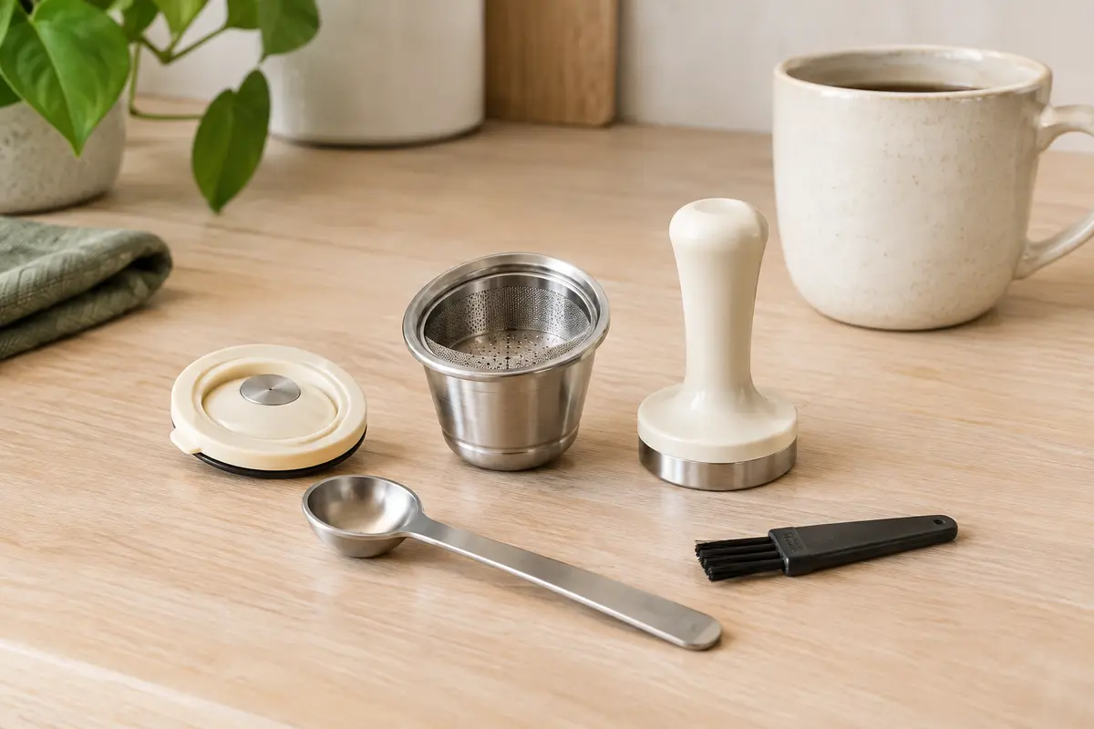 Kit de capsule à café réutilisable i Cafilas avec couvercle, cuillère, brosse et presse-café.