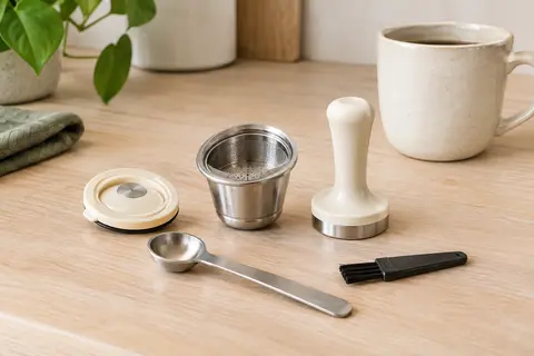 Kit de capsule à café réutilisable i Cafilas avec couvercle, cuillère, brosse et presse-café.