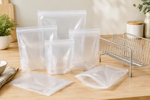 Sacs de congélation transparents à fond plat avec un égouttoir en acier inoxydable sur un plan de cuisine