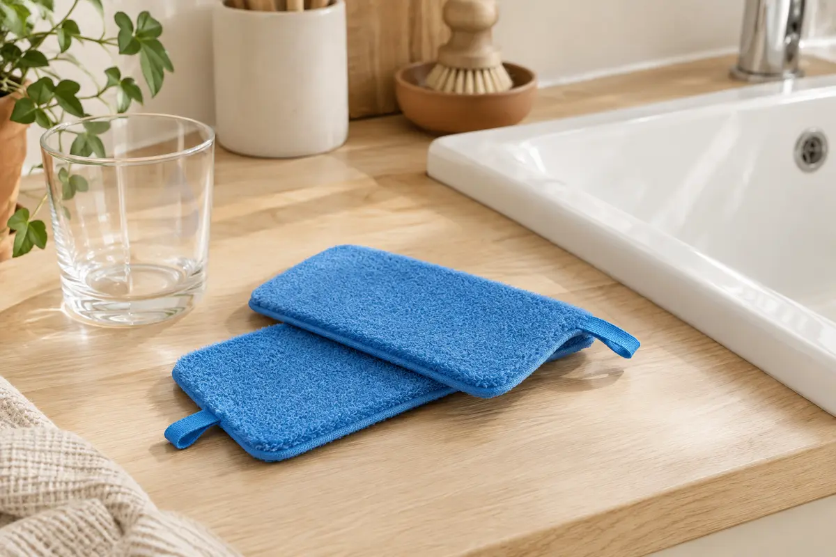 Deux éponges plates bleues avec languette, posées sur un plan de travail clair dans une cuisine