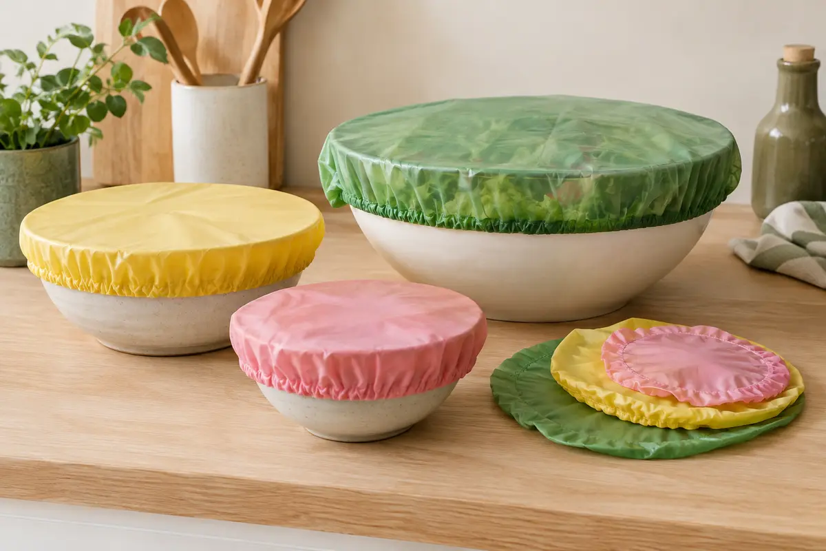 Couvre-plats élastiques en plastique souple posés sur des bols et un saladier en céramique