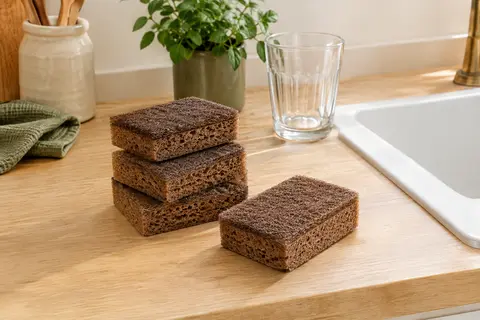 Lot de huit éponges grattantes brunes en fibres de bambou posé sur un plan de cuisine clair
