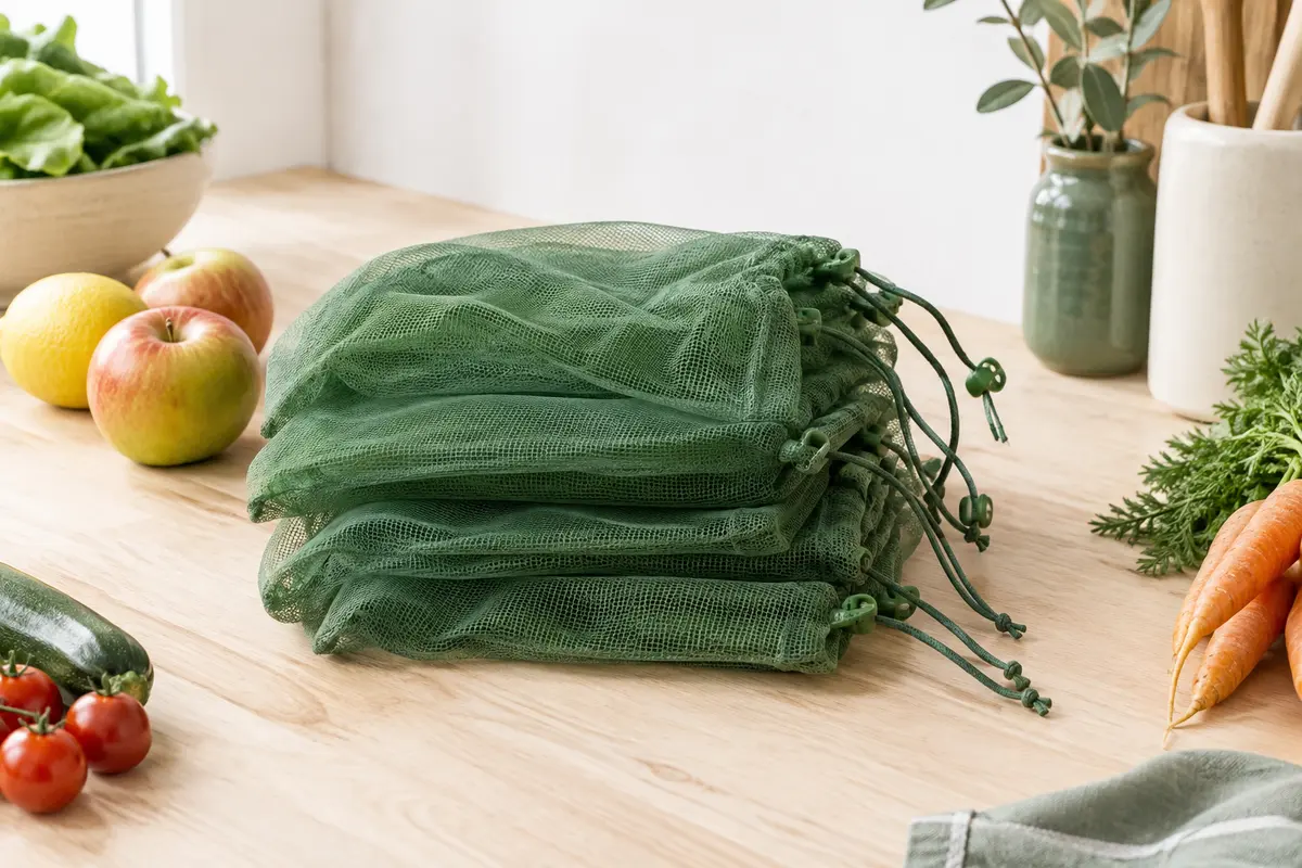 Sacs verts en filet à cordon posés près de fruits et légumes sur un plan de travail clair.