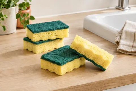 Éponges de vaisselle en cellulose à deux faces, posées sur un plan de travail clair dans une cuisine