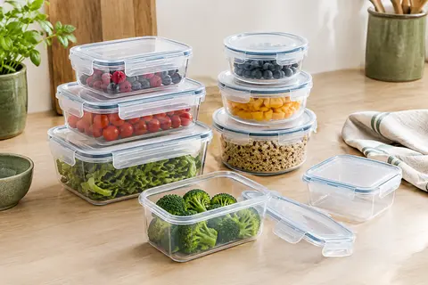 Ensemble de boîtes alimentaires transparentes empilables avec couvercles à clips, présenté dans une cuisine claire.