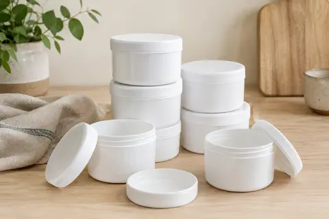 Mini boîtes alimentaires blanches empilables avec couvercles vissés, disposées sur un plan de cuisine clair.