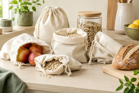 Sacs à vrac en coton naturel à cordon, présentés dans une cuisine avec pain, fruits et bocal de céréales.