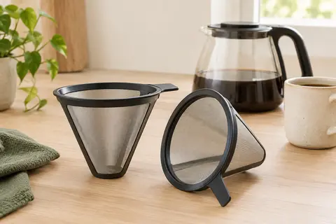 Deux filtres à café coniques en maille inox avec poignée en polypropylène, posés dans une cuisine claire.