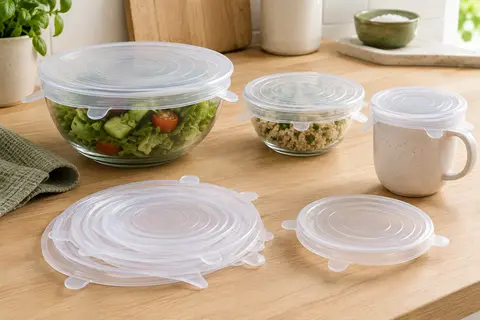 Quatre couvercles extensibles en silicone transparent posés près de bols en verre sur un plan de travail