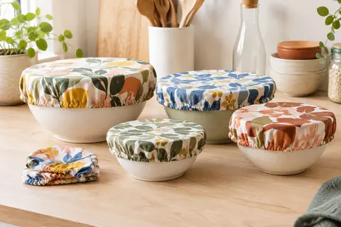 Cinq couvre-bols en tissu polyester multicolore avec bord élastique, posés sur des bols de tailles variées