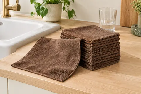 Lot de chiffons en microfibre teinte café, empilés sur un plan de travail en bois clair dans une cuisine.