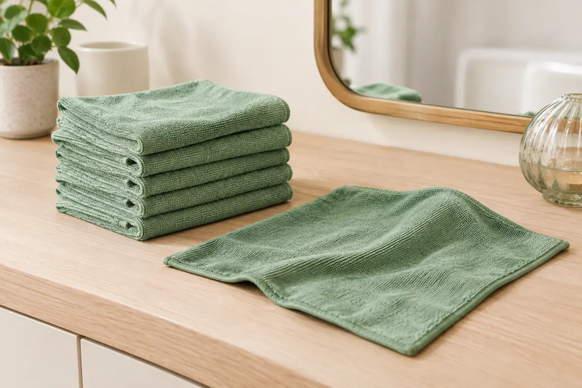 Six chiffons verts en microfibre pliés près d’un miroir et d’un objet en verre dans une cuisine claire.