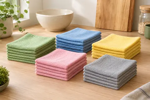 Lot de chiffons microfibres carrés, pliés en piles de cinq couleurs sur un plan de travail clair
