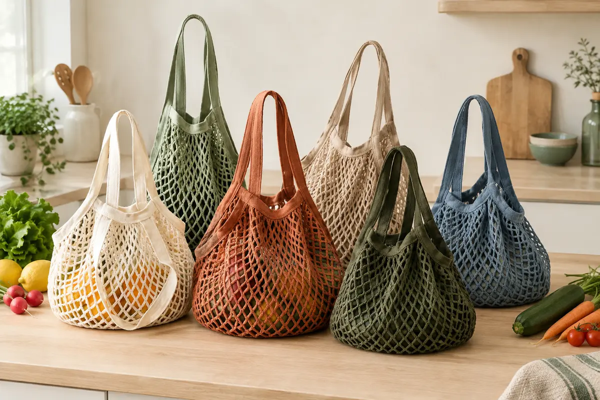 Six sacs filet en coton aux teintes variées, posés près de fruits et légumes sur un plan de travail