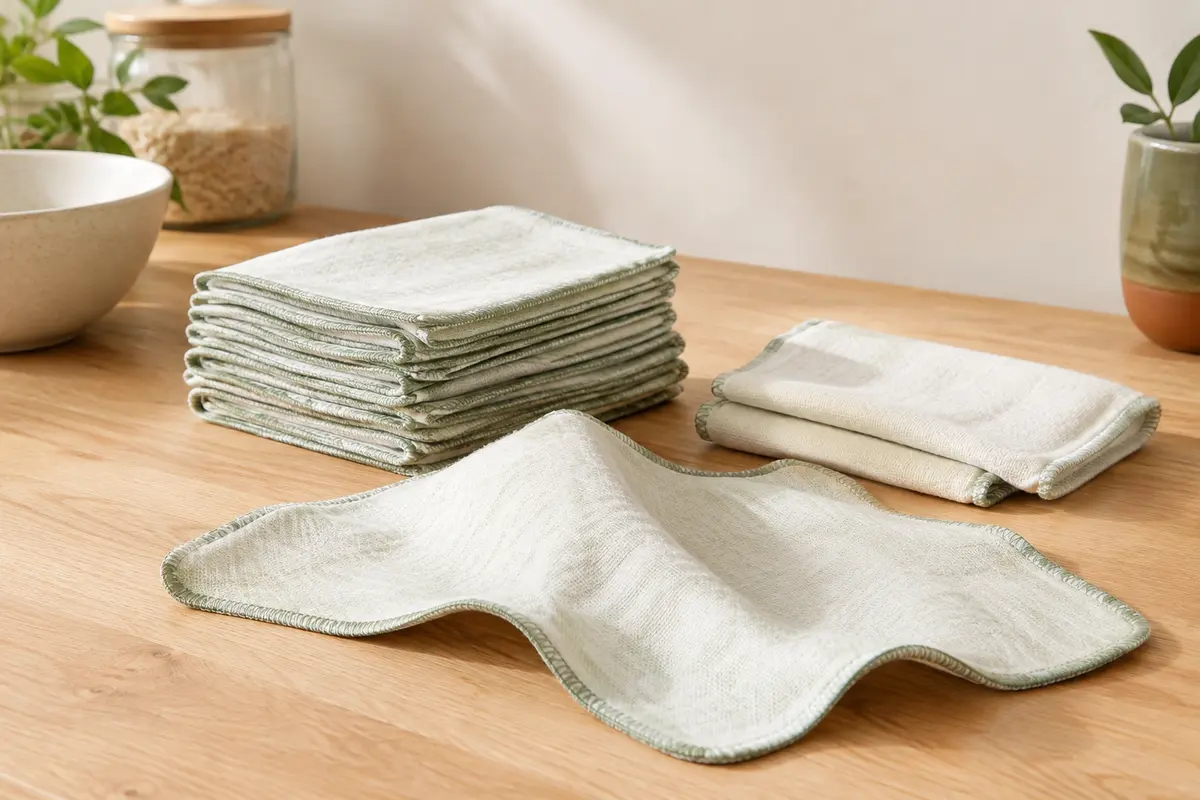 Feuilles d’essuie-tout lavables en coton présentées sur un plan de travail de cuisine clair.