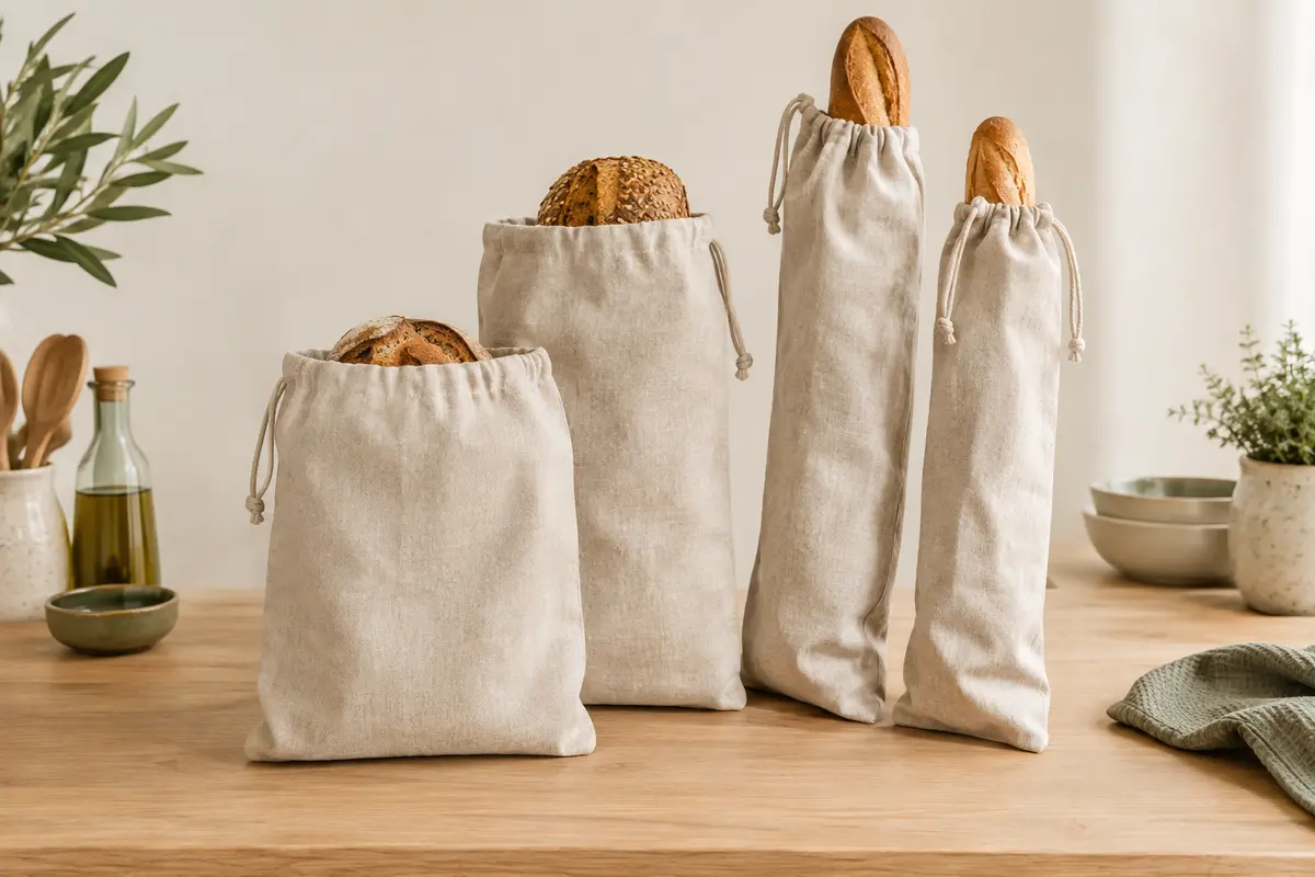 Quatre sacs à pain en lin beige avec cordon, deux formats posés sur un plan de travail en bois clair.