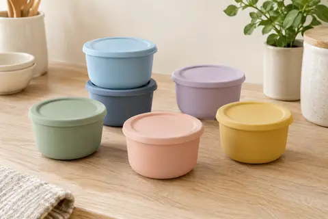 Lot de petits contenants en silicone multicolores avec couvercles, disposés sur un plan de travail en bois clair.