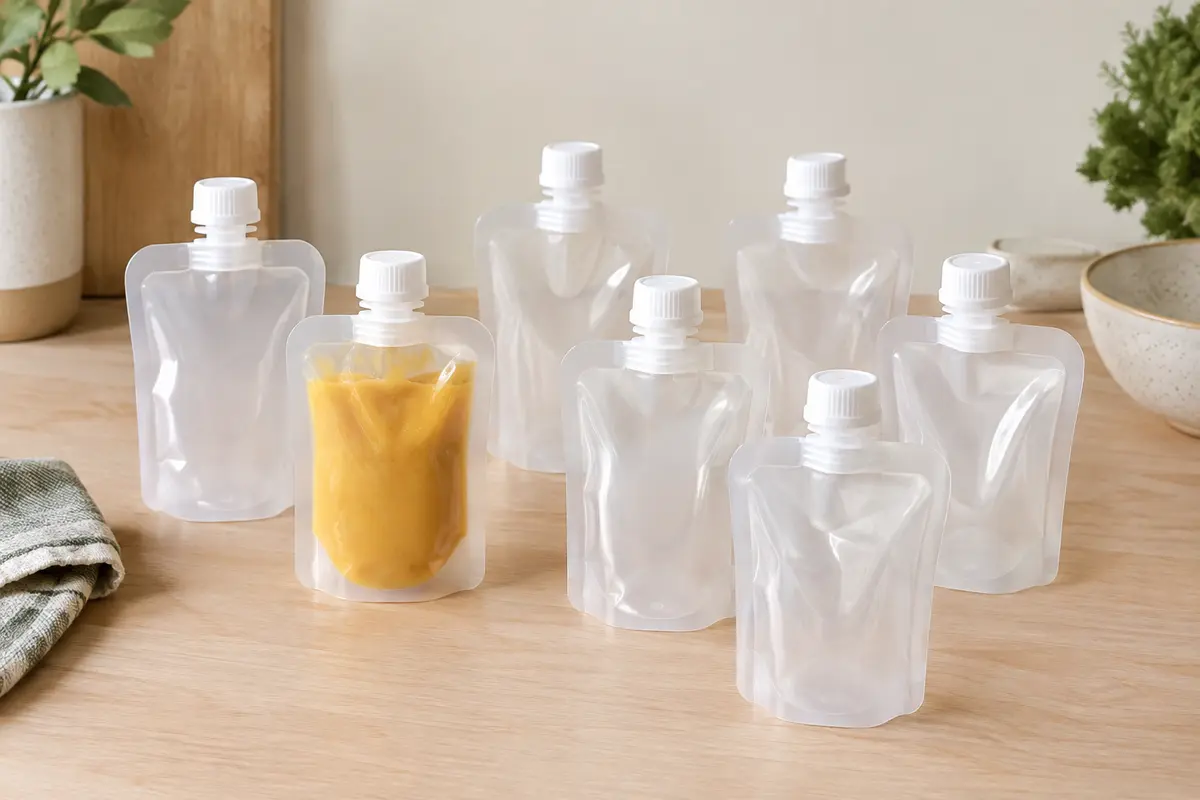 Sept pochettes alimentaires transparentes en silicone posées sur un plan de travail en bois clair.