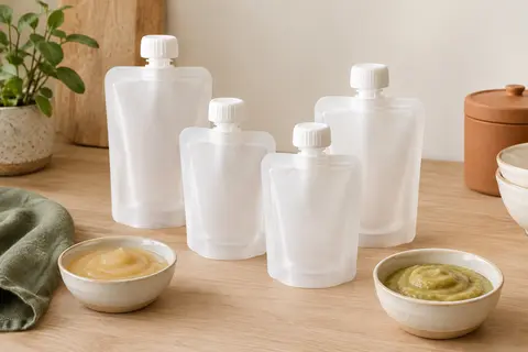 Quatre pochettes alimentaires réutilisables en silicone blanc posées sur un plan de travail clair
