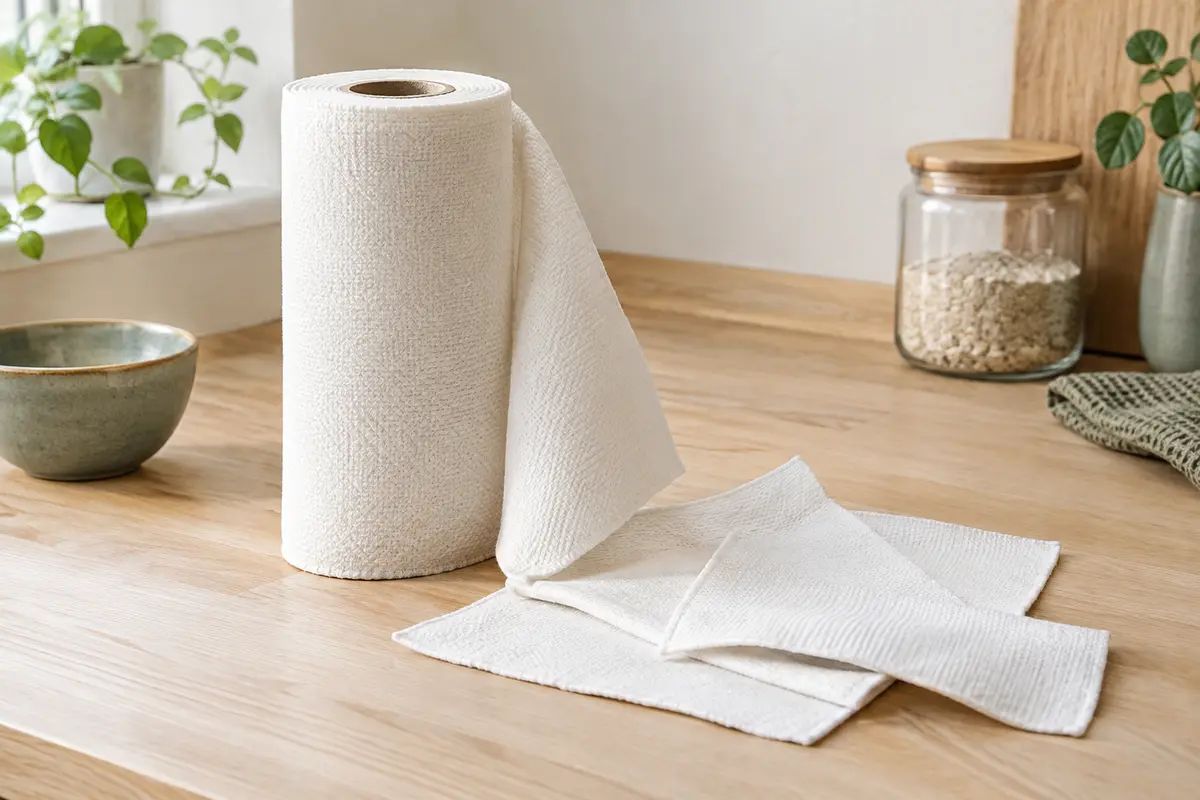 Rouleau blanc d’essuie-tout lavable avec quelques feuilles déployées sur un plan de cuisine en bois clair.