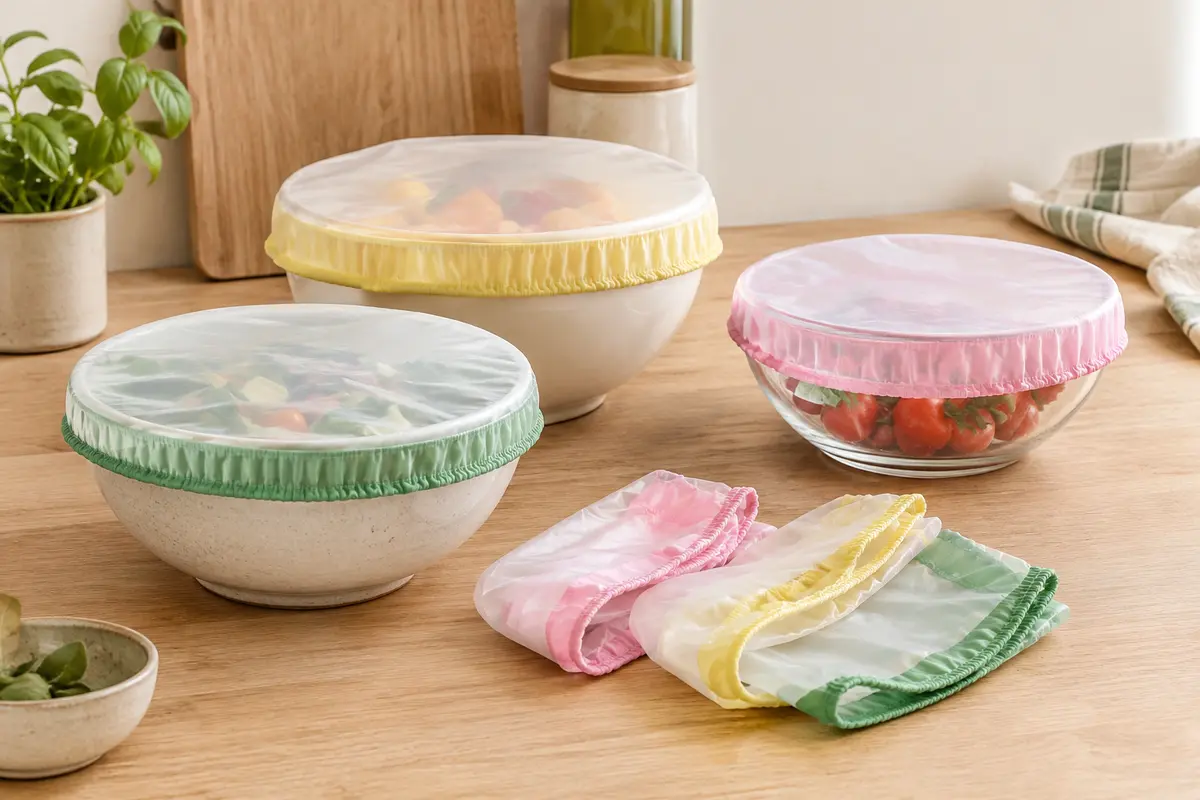 Couvre-plats en plastique translucide à bords élastiqués colorés, posés sur des bols et un saladier