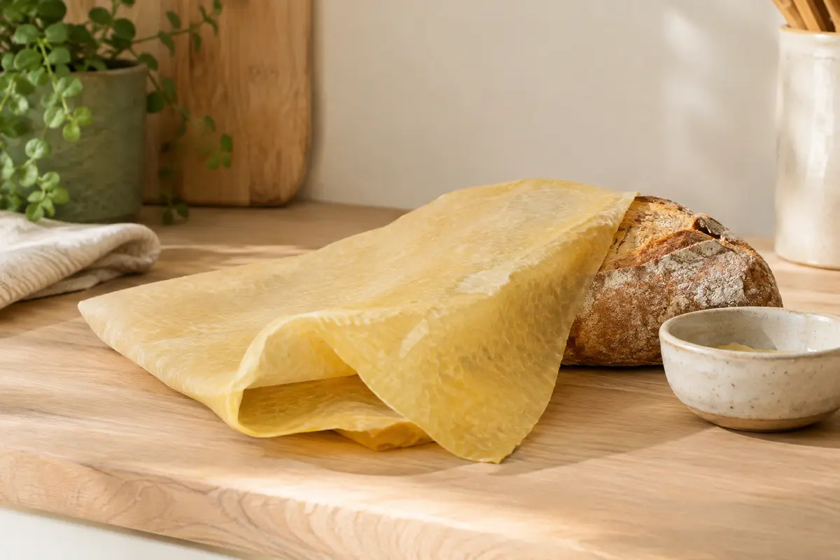 Feuille alimentaire en cire d’abeille pliée près d’un bol en céramique et de pain, dans une cuisine lumineuse.