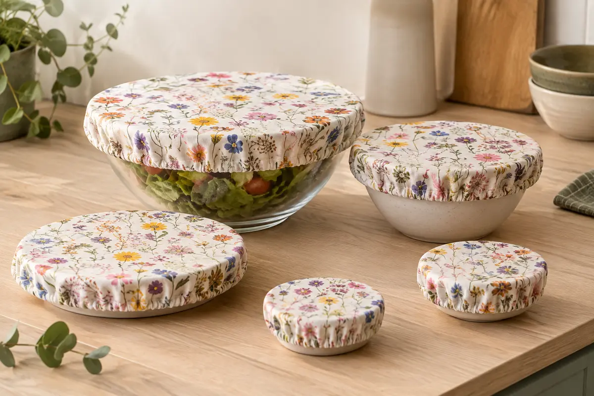 Cinq couvre-plats en tissu à motifs floraux, posés près d’un bol en verre dans une cuisine lumineuse.
