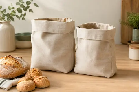 Deux sacs à pain en tissu beige posés près d’une miche sur un plan de travail en bois