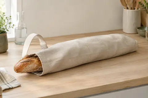 Sac à pain en tissu beige avec poignée, posé sur un plan de travail dans une cuisine claire.