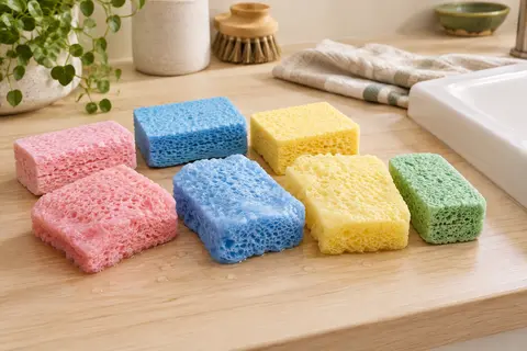 Lot de huit éponges en cellulose rose, bleues, jaunes et vertes posé près d’un évier en céramique.