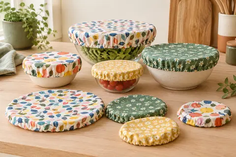 Charlottes alimentaires en tissu multicolore posées sur des bols en verre et en céramique dans une cuisine lumineuse.