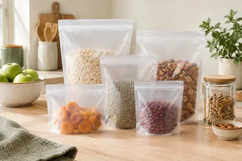Sacs alimentaires réutilisables en PEVA à fermeture zip, présentés debout sur un plan de cuisine