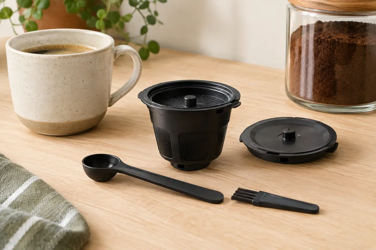 Capsule de café réutilisable en plastique avec couvercle de rechange, cuillère et brosse sur un plan de cuisine