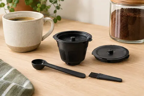 Capsule de café réutilisable en plastique avec couvercle de rechange, cuillère et brosse sur un plan de cuisine