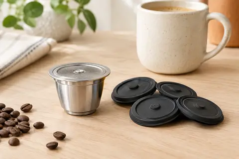 Capsule de café réutilisable en acier inoxydable avec quatre couvercles en silicone noir