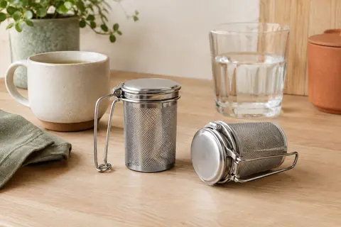 Deux infuseurs à thé en acier inoxydable à maille fine, avec poignées pliables et couvercles