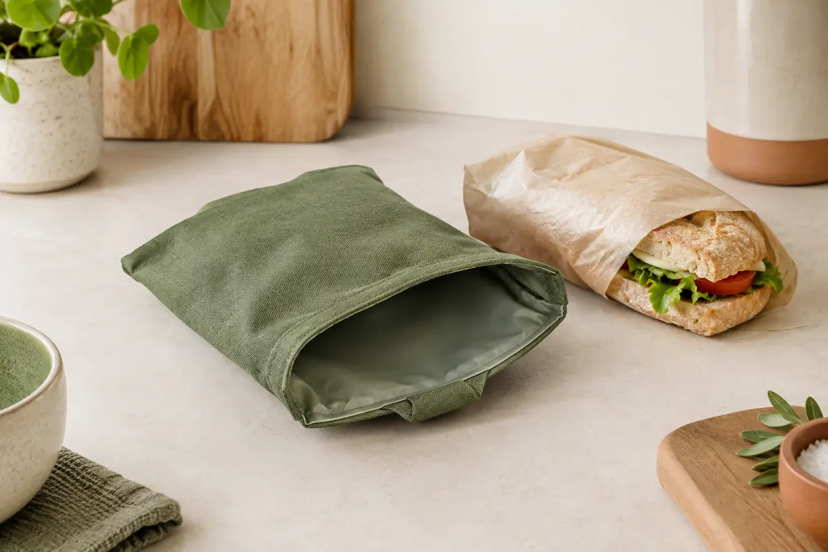 Emballage à sandwich pliable en tissu vert, entrouvert sur un plan de travail clair